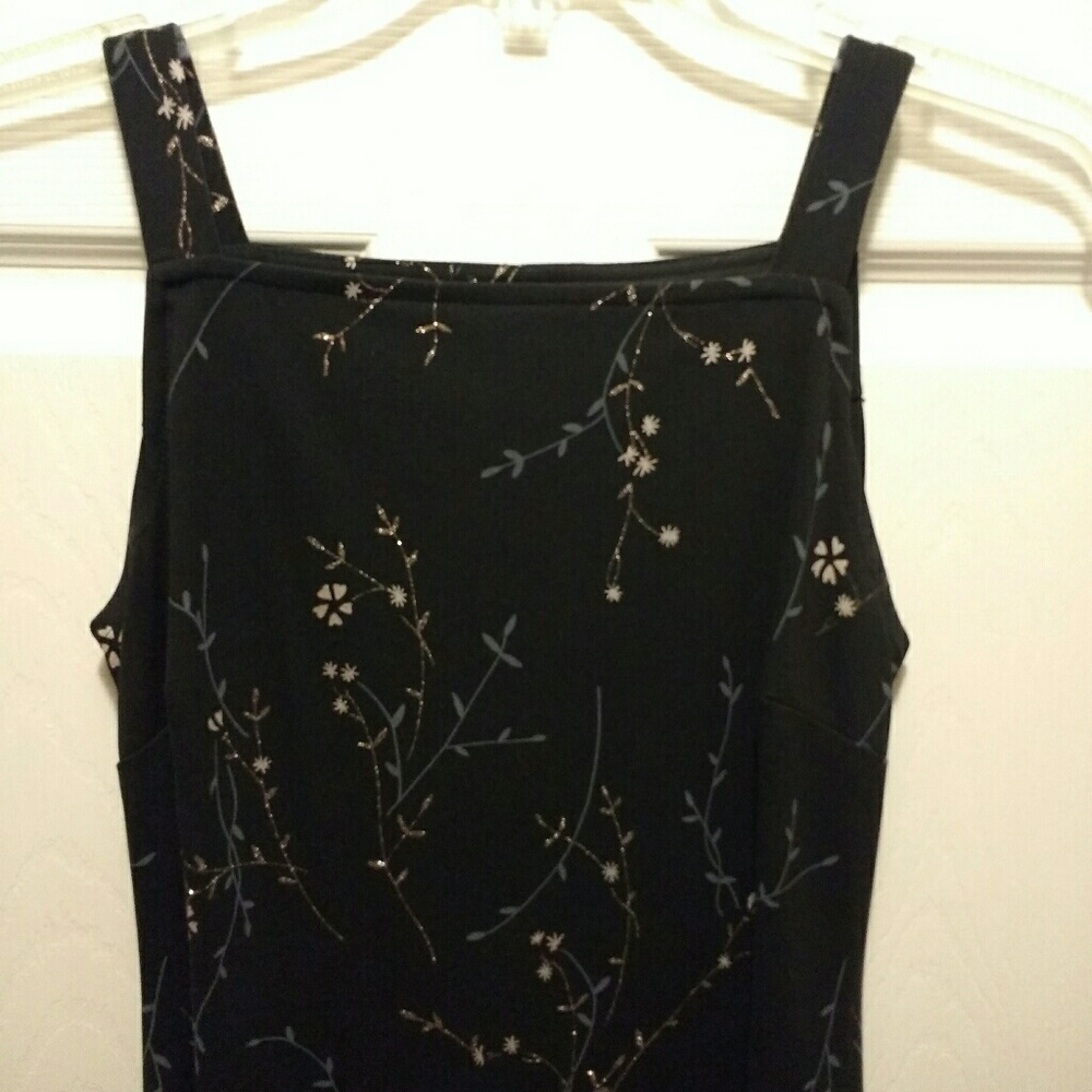 Maxi black dress with silver and blue-gray flowers